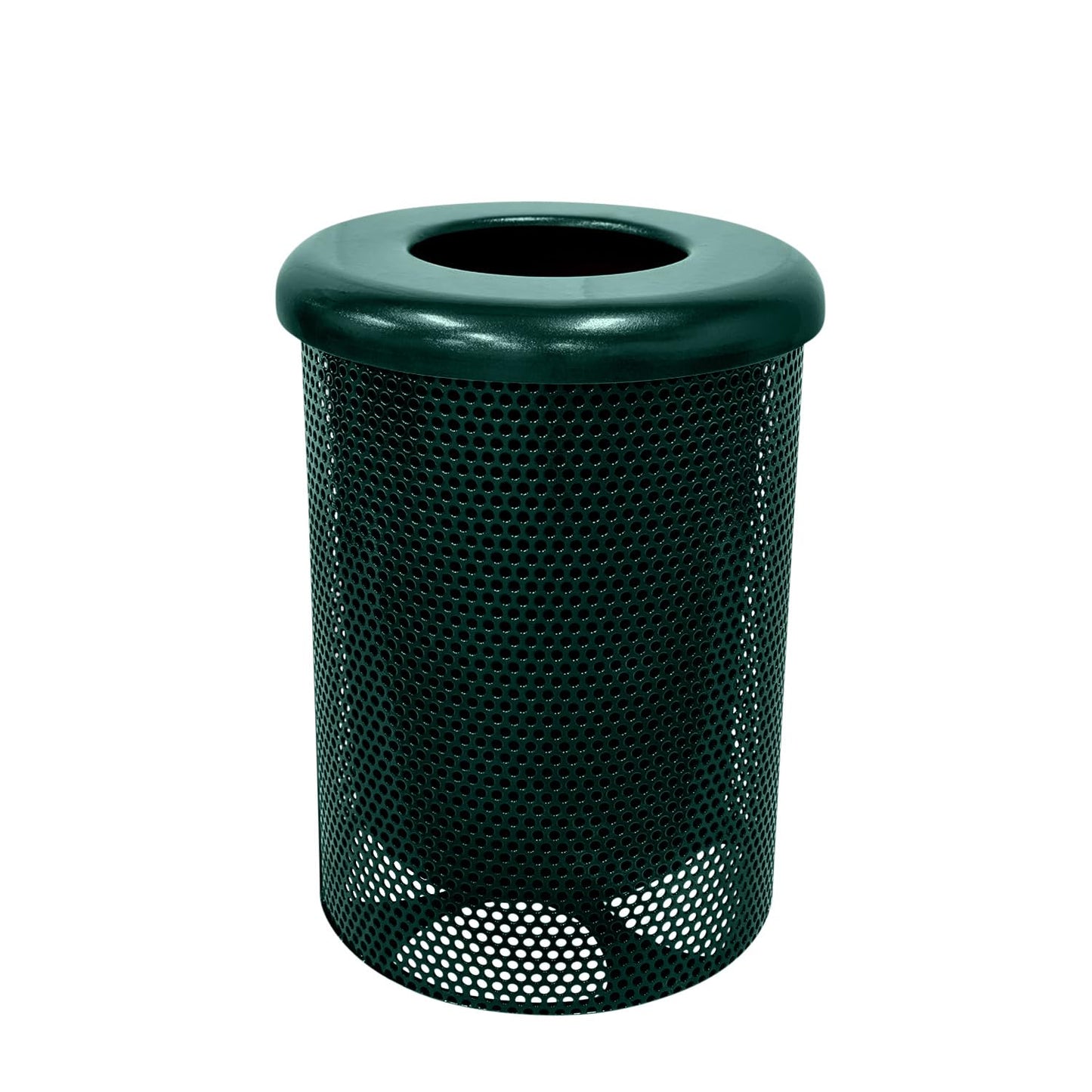 Coated Outdoor Furniture 32-Gallon Heavy-Duty Punched Steel Round Trash Receptacle, Commercial Outdoor Waste Bin with Liner & Black Flat Top Lid – Made in America (Textured Dark Green)