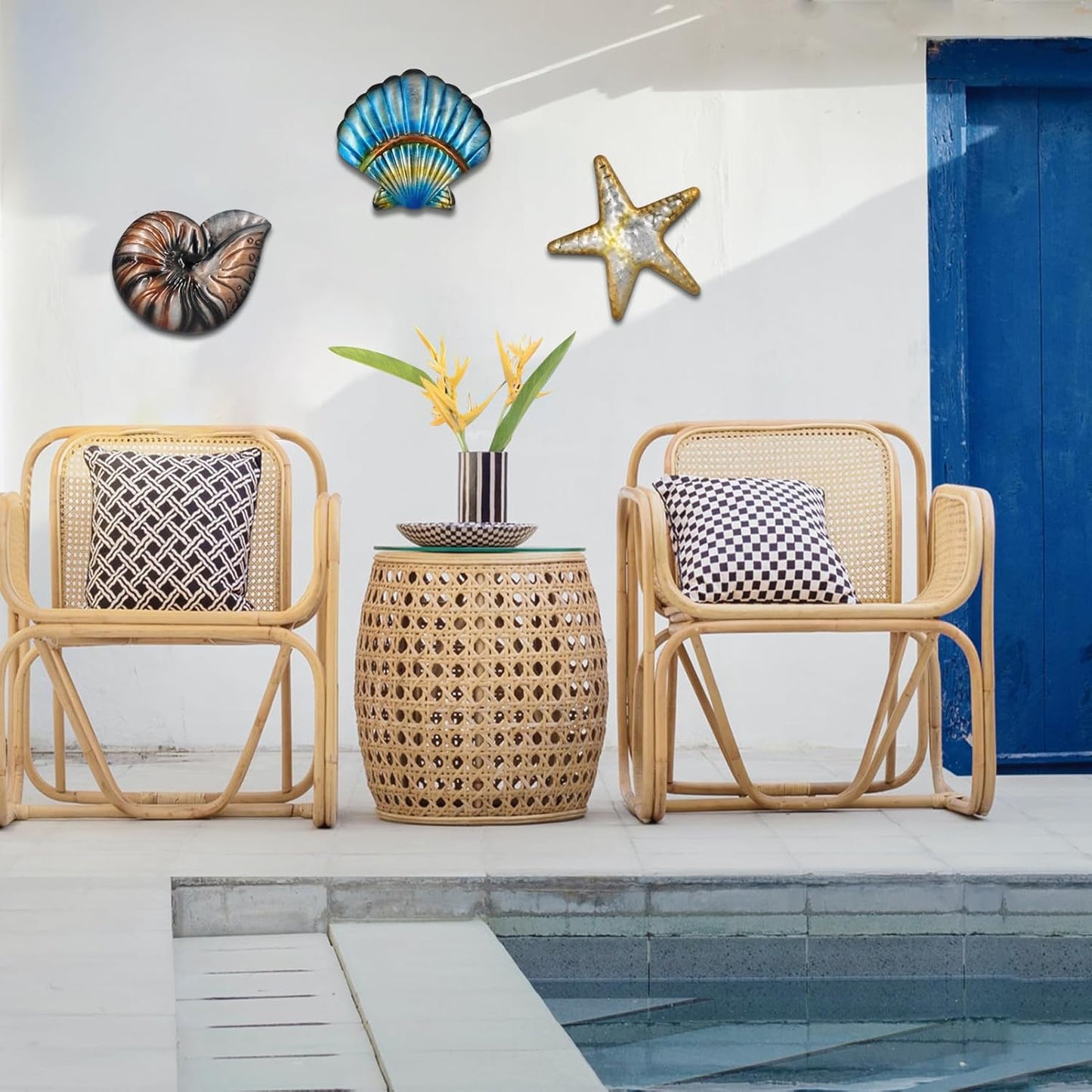 Metal Ocean Wall Sculptures Outdoor Metal Sea Star Conch Wall Art Decor Pool Garden Patio Bathroom Yard Farmhouse Fence Deck