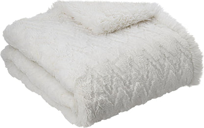 Mon Chateau Premium Reversible Queen Size Luxury Faux Fur Throw for Couch, Sofa, or Queen Size Bed - Plush Cozy Soft Blanket for Sleeping or Home Décor, 60" x 70" (Ivory Jacquard)