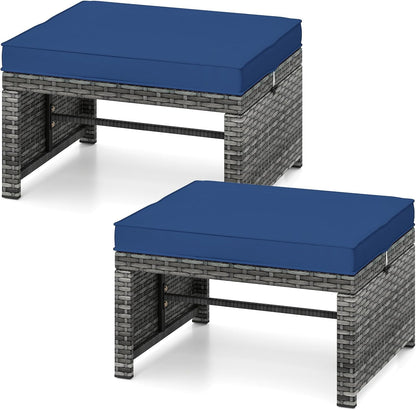 Tangkula 2 Pieces Patio PE Rattan Ottomans, Multipurpose Outdoor Footstool Footrest Additional Seating Side Table with Soft Zippered Cushions for Deck, Garden, and Yard (Navy Blue)