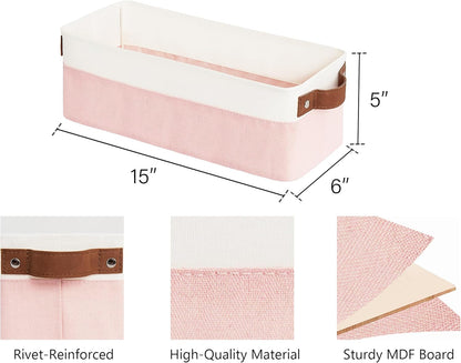 StorageWorks Narrow Storage Bins, Small Basket for Closet and Shelves, Fabric Organizer with Handles, Toilet Paper Storage, Pink and White, 2-Pack