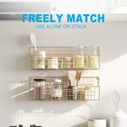 Spice Rack, 4-Pack Seasoning Organizer Wall Mounted for Kitchen Storage Organization, Metal Spice Holder Shelf for Cabinet, Pantry, Gold