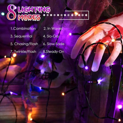 4pk Orange and Purple Solar Halloween Lights Outdoor Waterproof, 400LED 132FT Solar Powered LED String Lights Black Wire with 8 Modes, Solar Fairy Lights for Halloween Horror Party Tree Wedding Decor