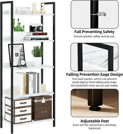 NUMENN Bookshelf, 5 Tier Bookshelves, Home Office Bookcase Shelf Storage Organizer, Free Standing Storage Shelving Unit for Bedroom, Living Room and Home Office, White Marble