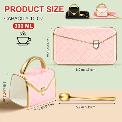 Zubebe 2 Sets Coffee Mug Elegant Handbag Shaped Cup Modern Ceramic Purse Mug with Spoon and Saucer, 10oz Cute Creative Tea Cup for Office Home Woman Girls Gift (Pink,Black)