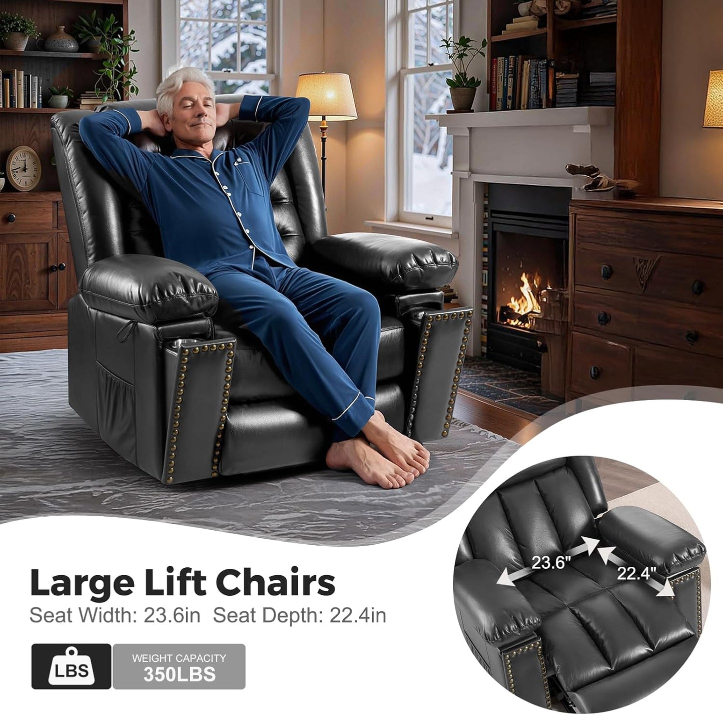 Electric Power Lift Recliner Chair for Elderly with Heat & Massage, Breathable Leather Large Reclining Chairs w/2 Concealed Cup Holders for Seniors Home Living Room,Set of 2,Grey