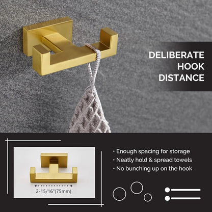 Angle Simple Towel Hook for Bathroom, SUS 304 Stainless Steel Hand Towel Holder, Double Robe Coat Hook for Wall, Brushed Gold
