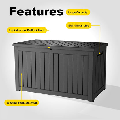 230 Gallon Outdoor Deck Box,Storage Lockable Waterproof Patio Furniture,Garden Tools,Cushions,Pool Accessories Outside Storage Resin Box(Black)