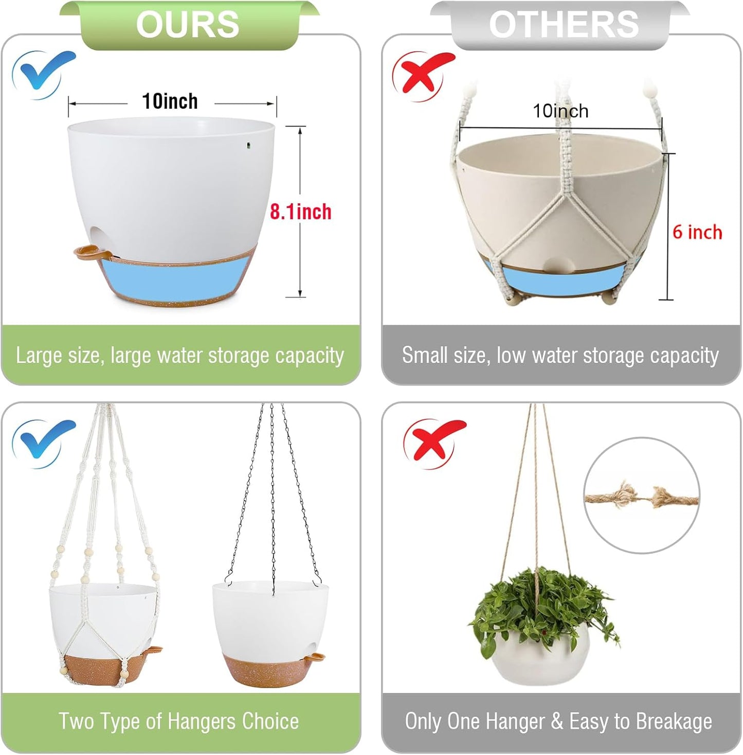 10 inch Self Watering Hanging Planters, 2 Pack Hanging Baskets for Indoor Outdoor Plants, Hanging Flower Pots with Drainage Holes & 2 Kinds of Plant Hangers for Garden Home Décor, White Brown