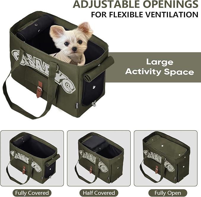 Dog Purse Carrier for Small Dogs, Cats and Puppies – Soft-Sided Foldable Pet Travel Bag with Multi Pockets, 3-Sided Mesh & Rollable Cover for Nervous Cats, Fits Pets up to 15 lbs (Olive Green)