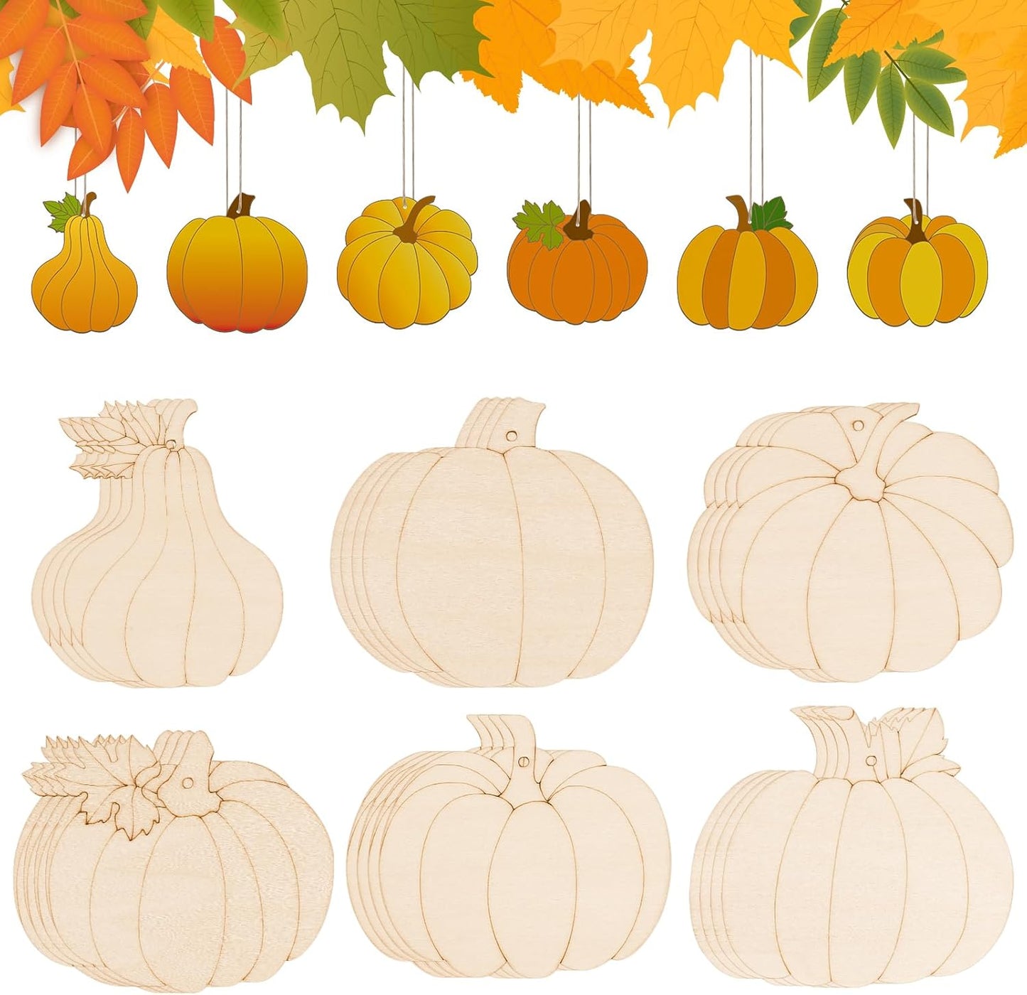 24 PCS Unfinished Wooden Fall Crafts, Pumpkin Shaped Hanging Ornaments DIY Wood Craft Cutouts for Fall Home Decor (Pumpkin)