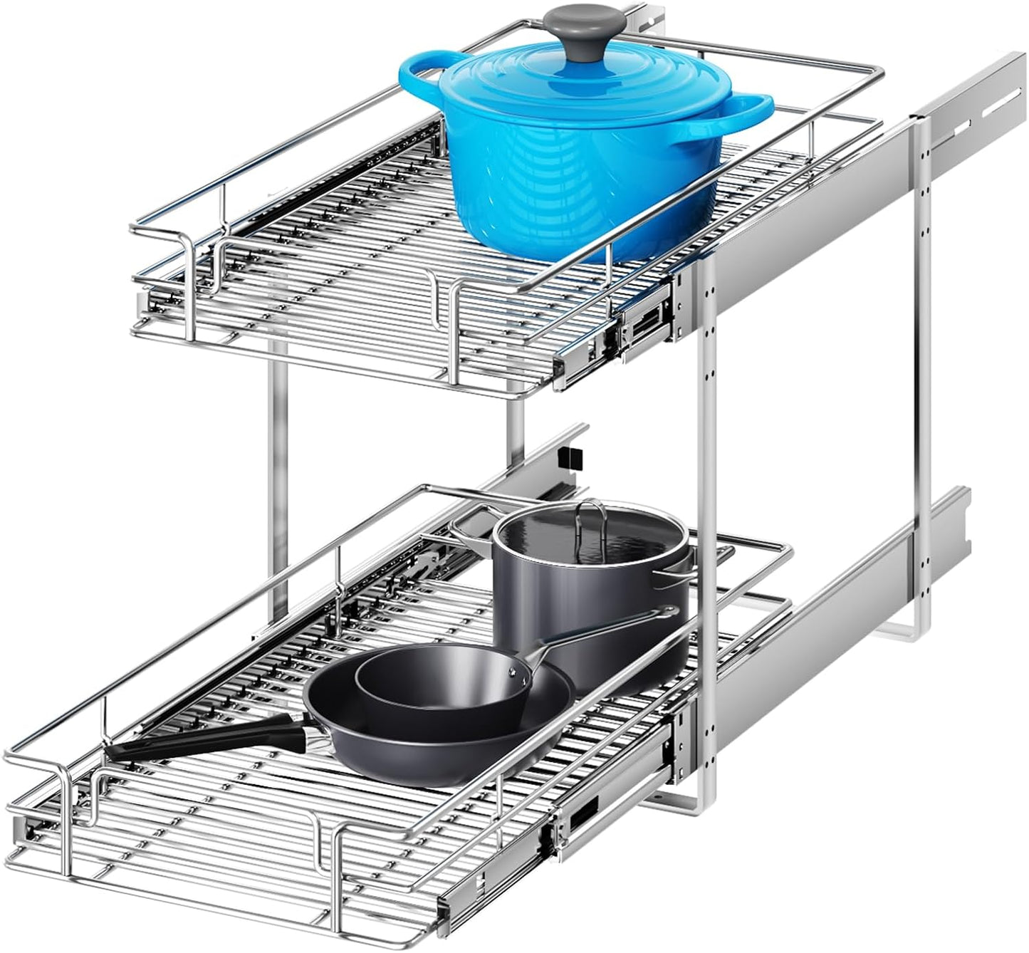 2 Tier Individual Pull Out Cabinet Organizer 10½" W x 18" D, Heavy Duty Cabinet Pull Out Shelves, Slide Out Drawers Organization for Kitchen Cabinets Bathroom