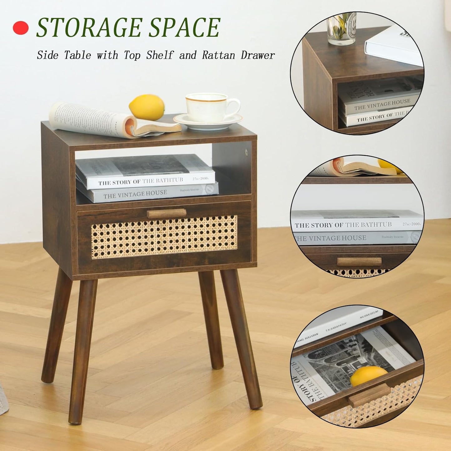 MaxSmeo Mid Century Nightstand, Rattan Side Table with Drawer, Wood Modern Bedside Table for Bedroom, Living Room and Small Spaces (Rustic Brown)