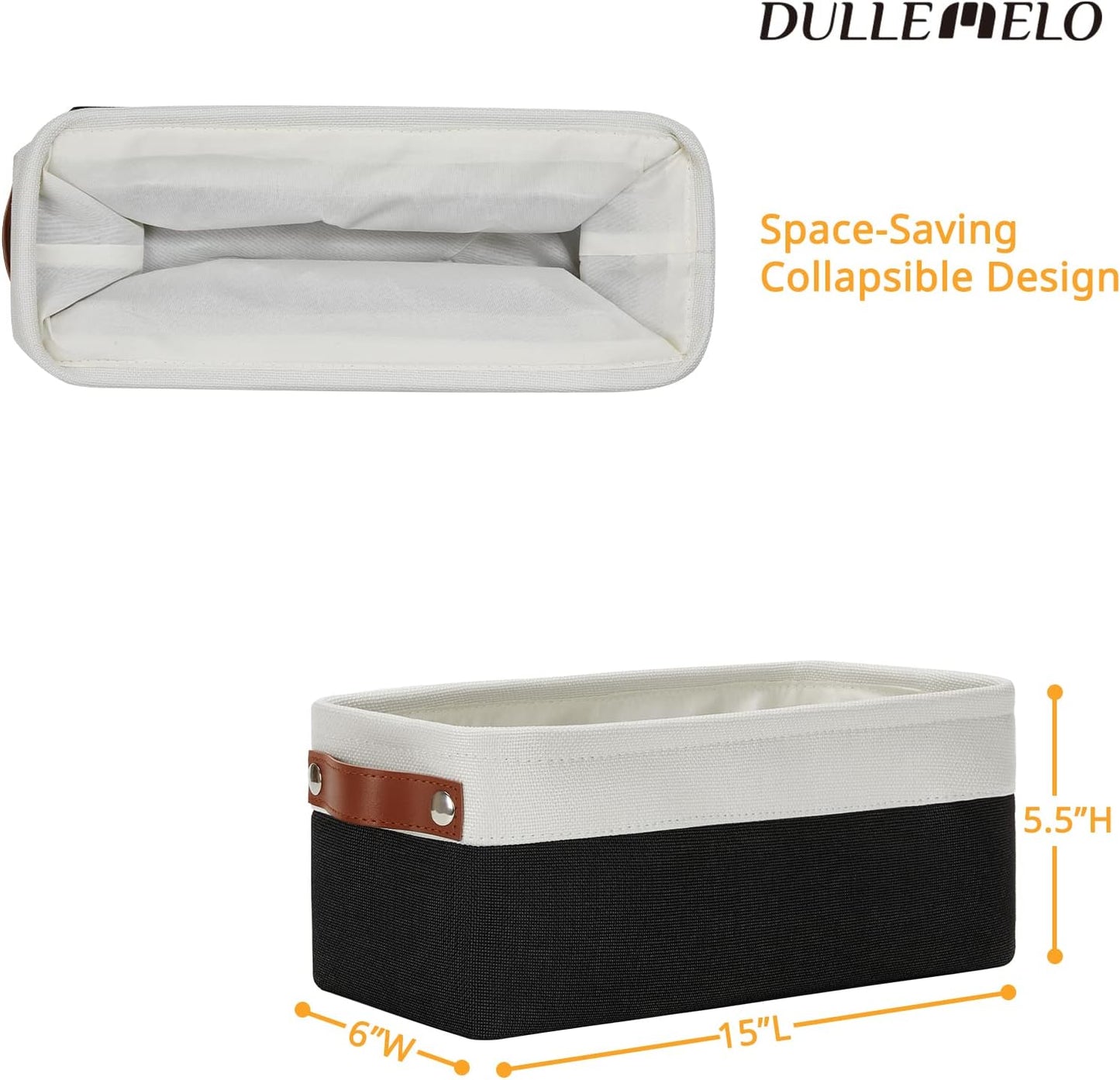 DULLEMELO Toilet Paper Storage Basket with Leather Handles, for Back of Toilet, Bathroom Storage for Towels & Paper (White & Black)