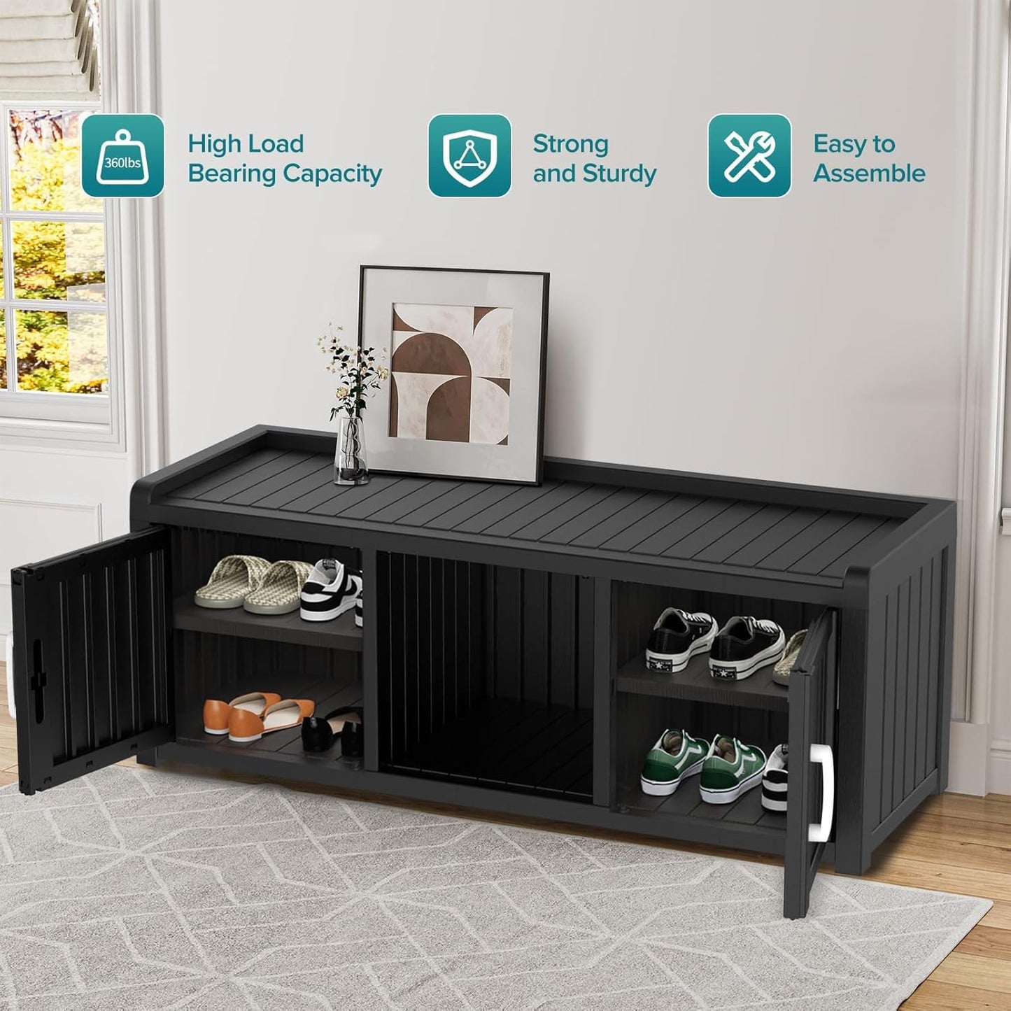 ROJIK Shoe Cabinet Waterproof UV-Resistant,Storage Bench Indoor Outdoor with Adjustable Shelves,for Entryway Bedroom,Hallway,Living Room(2 Door,Black)