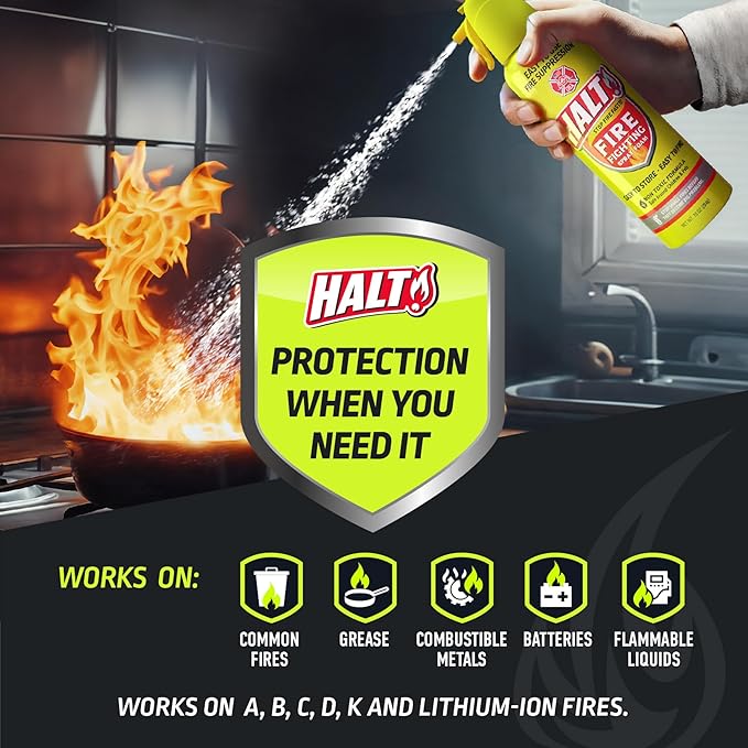 HALT! 10oz Fire Safety Spray – Non-Toxic, PFAS-Free Handheld Fire Suppressor – Easy to Use, Store & Find – Compact & Portable for Home, Kitchen, Car, BBQ, Camping & Tailgate – Made in USA (4pk)