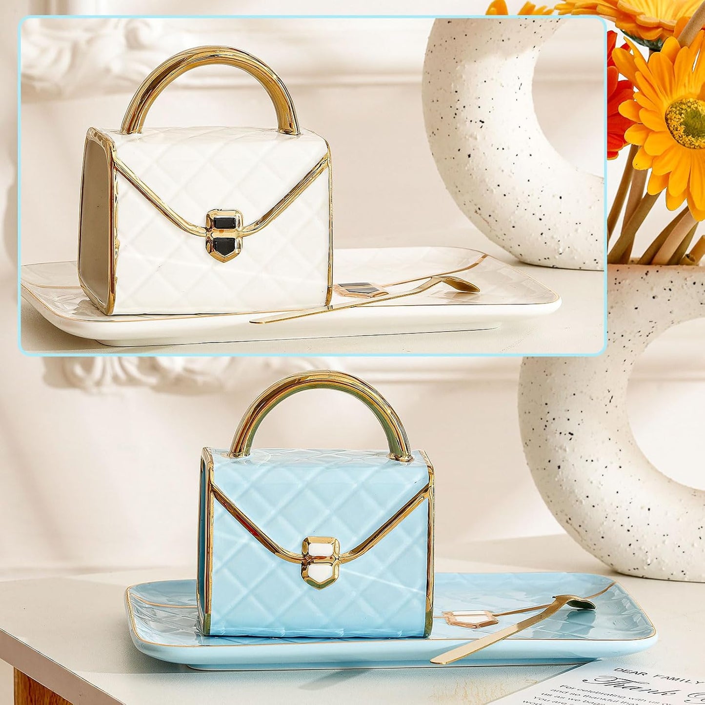 Zubebe 2 Sets Coffee Mug Elegant Handbag Shaped Cup Modern Ceramic Purse Mug with Spoon and Saucer, 10oz Cute Creative Tea Cup for Office Home Woman Girls Gift (White,Blue)