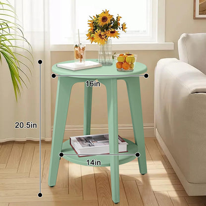 Round Side Table Green Wooden End Table with Lower Shelf Rustic Vintage Nightstand Beside Table for Living Room Bedroom Small Spaces