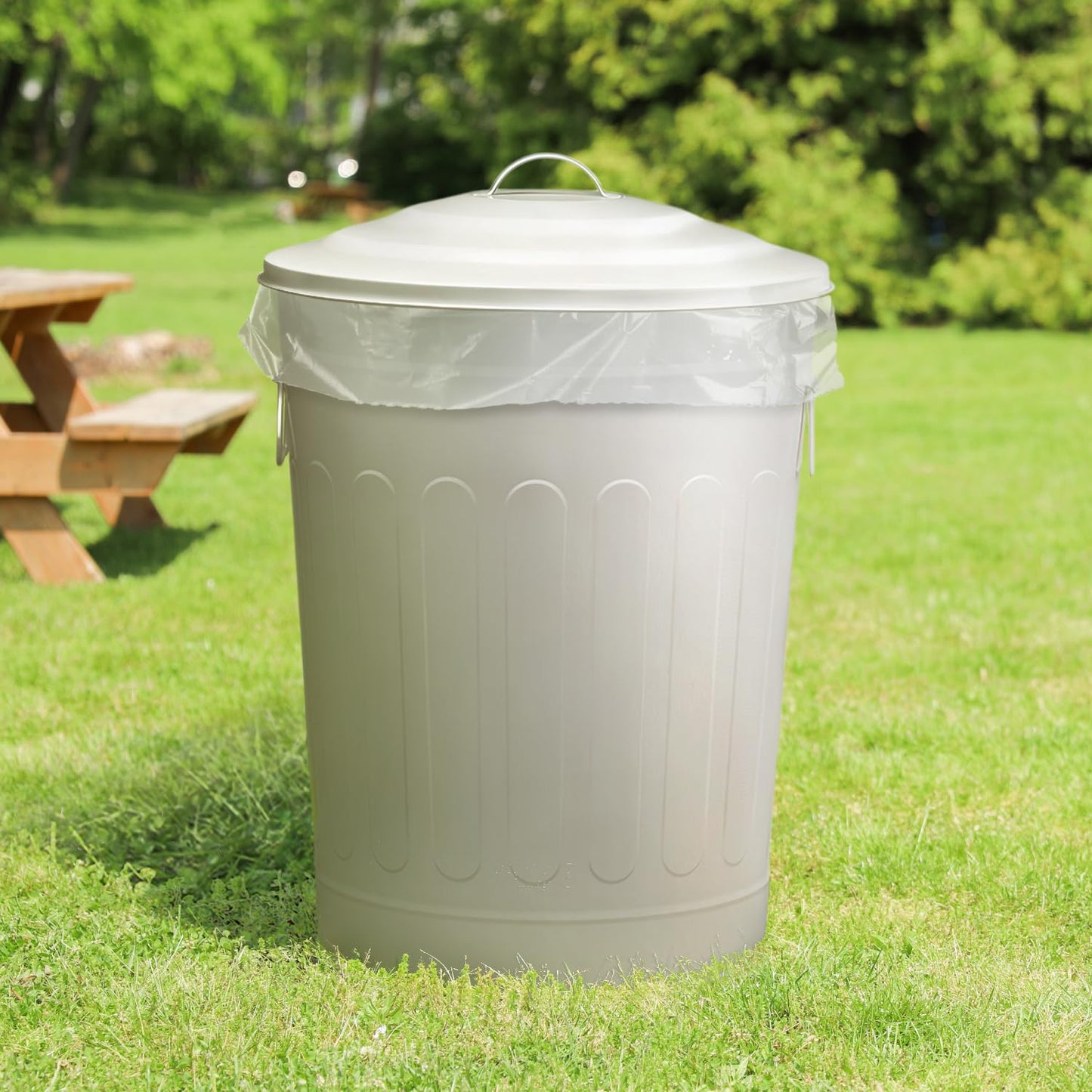 Plexon Round Trash Can 13 Gallon, Vintage Metal Outdoor Trash Can with Lid, Retro Farmhouse Garbage Container, Old School Modern Ash Bucket, Beige 3 Pack