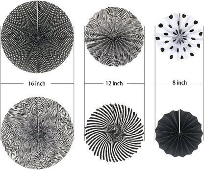 Party Hanging Paper Fans Set, Black Round Pattern Paper Garlands Decoration for Birthday Wedding Graduation Events Accessories, Set of 6