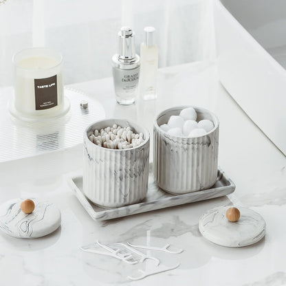 Marble Small Bathroom Jar Set ，Ceramic Cotton Swabs Holder with Lid and Dresser Organizer Set Tray for Storage and Organizing in Bathroom, Dresser, Kitchen, Office