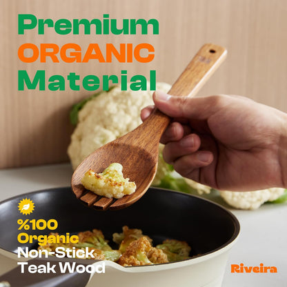 Riveira Teak Wooden Spoons for Cooking Set of 9 – Natural Teak Wooden Cooking Utensils, Wooden Spatula, Wooden Spoon - Premium Quality Wooden Utensil Set for Non-Toxic Cooking