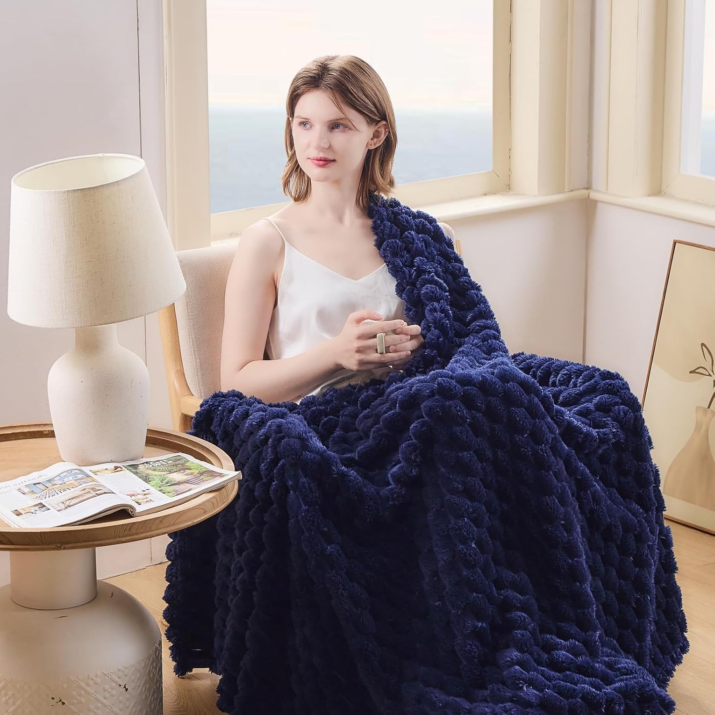 NEWCOSPLAY Super Soft King Blanket Dark Navy Premium Silky Flannel Fleece 3D Clouds Stylish Jacquard Lightweight Bed Blanket All Season Use 350GSM (Dark Navy, King(90"x110"))