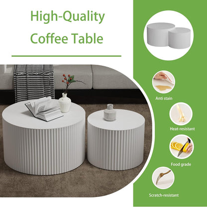 Round Coffee Table Set of 2, Nesting Coffee Table and End Table Set Small Circle Drum Side Table for Living Room Office, No Assembly (D White Crescent)