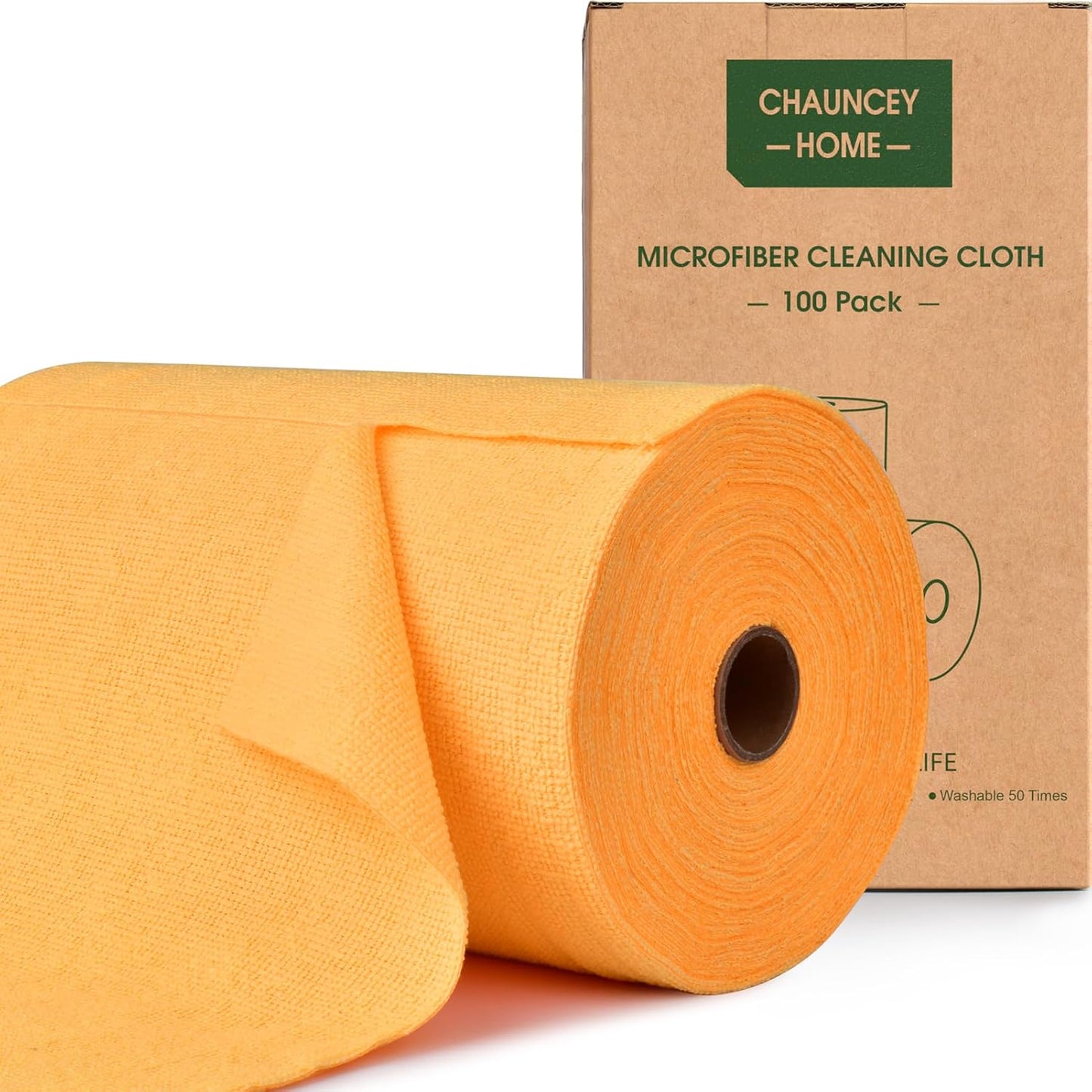 Roll of Microfiber Cleaning Cloth –100 Pack, Tear Away Microfiber Towels, Reusable, Washable, Scratch-Free, Cleaning Supplies, Kitchen Towels for Car, Home, Kitchen (Tangerine Yellow)