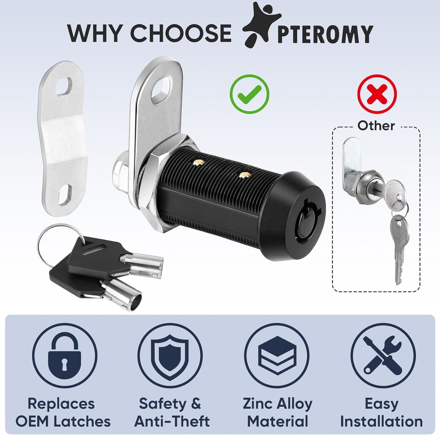 PTEROMY 2 Pack Cabinet Lock with Keys, 5/8'' Heavy Duty Tubular Cam Lock for RV Compartment Storage Locks, Full Set of RV Cam Locks (Black, 5/8'', 2 Pack)