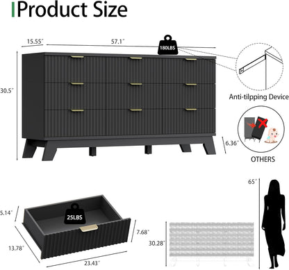 Fluted Dresser for Bedroom with 9 Drawers, 57" Wide Chest of Drawers with Metal Handle, Modern Wood Dresser TV Stand, Wooden Closet Clothes Storage Organizer for Living Room, Hallway, Black
