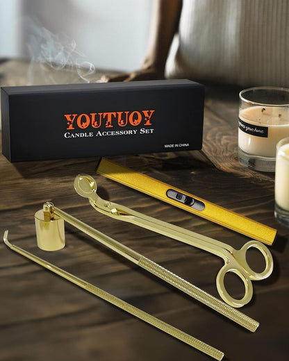 4 in1 Candle Accessory Set with Rechargeable Candle Lighter, Candle Wick Trimmer, Candle Wick Snuffer, Candle Wick Dipper, Candle Care Kit (Gold)