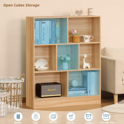 LEYAOYAO 7 Cube Bookshelf with Wood Base,Natural 3 Tier Mid-Century Modern Bookcase,Standing Wide Bookshelves Storage Organizer Shelf,Rustic Display Cabinet Book Shelves for Bedroom,Living Room