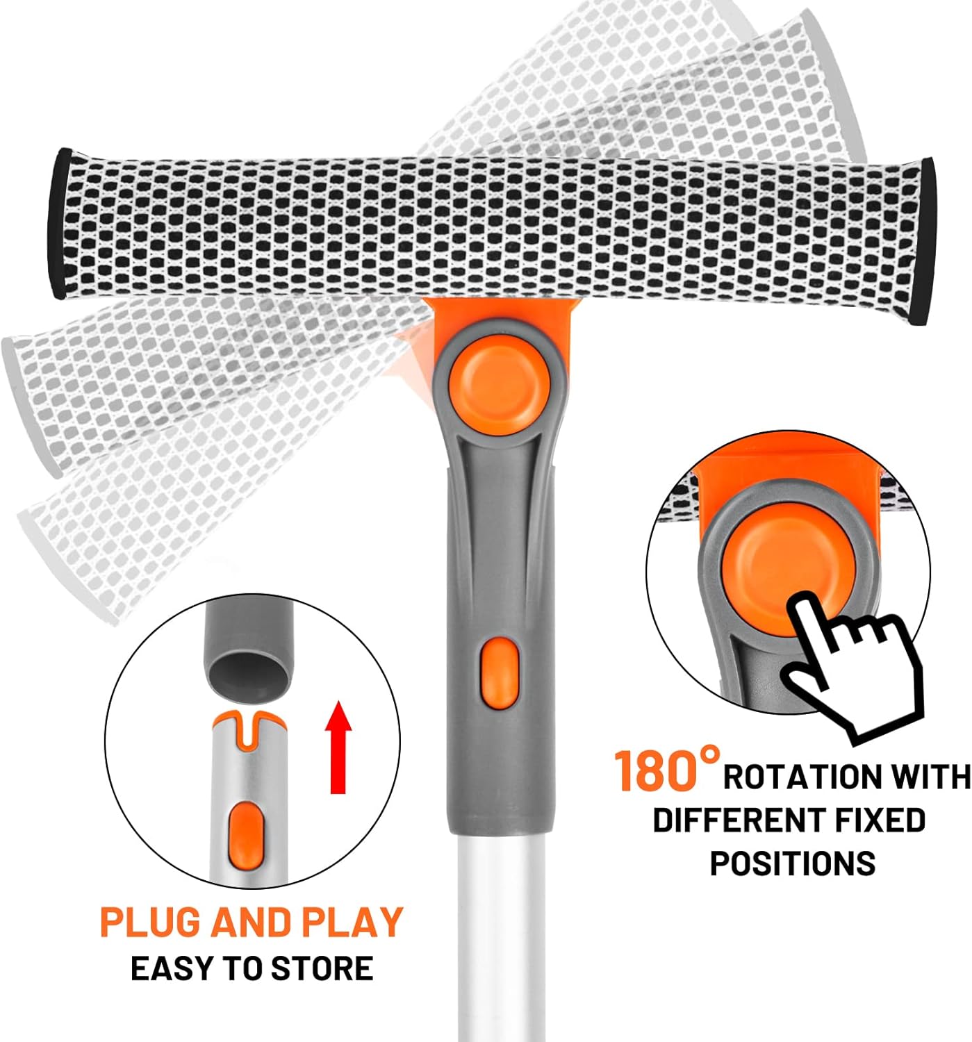 eazer Professional Window Squeegee, 2-in-1 Rotatable Squeegee for Window Cleaning Kit, Window Cleaner Tool, Window Washing Equipment Kit with Extension Pole (20''-30'') for Shower/Windshield - 2 Head