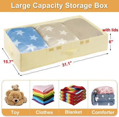 Large Underbed Storage Bags Organizer Container With Lids, Set of 2 Under Bed Storage Organizer Box With Handle, Fabric Under The Bed Storage Bins for Blanket Pillow Comforter & Quilt Wrapping Paper