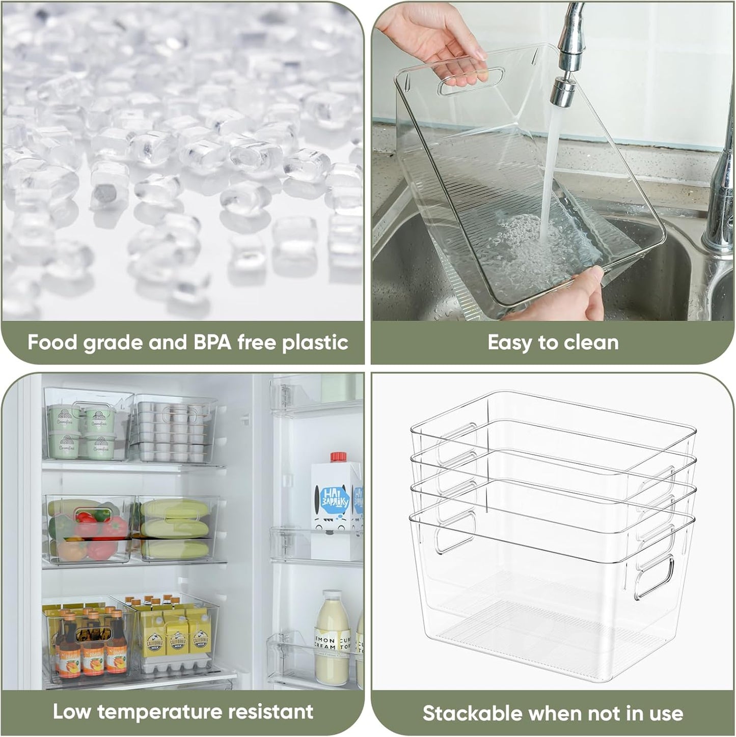 BALEINE Clear Plastic Storage Bins, Pantry Organization, BPA Free Stackable Refrigerator Organizers and Storage with Handles for Kitchen Fridge Cabinet Bathroom (8PK, 10.5x6x5)