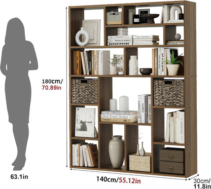 71” Tall Wooden Bookcase 6-Tier Large Bookshelves with 2 Woven Baskets, 55" Wide Floor Standing Wood Display Organizer Shelves for Living Room（Brown）