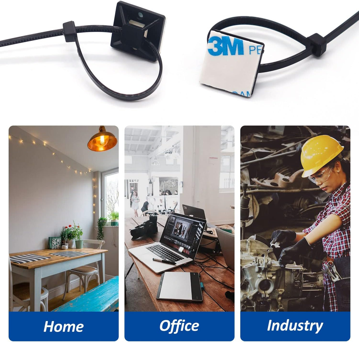 50 Set Cable Zip Tie Self Adhesive Mounts Kit with 6" Zip Ties, 3/4" Wire Holders Squares, Screws - Sticky Wire Fasteners Cable Clips Management Anchors Organizer