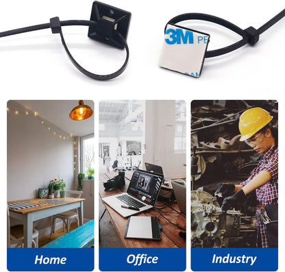 Strong Back-Glue Self Adhesive Cable Zip Tie Mounts Kit - 100 Set Cable Management Clips with 6" Zip Ties, Wire Holders - Outdoor Sticky Wire Organizer Clips-Black