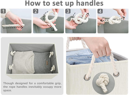 StorageWorks Large Storage Bins with Lids, Decorative Storage Boxes with Lid and Soft Rope Handles, Foldable Storage Baskets for Closet, Shelves, Stackable, Ivory and White, 3-Pack