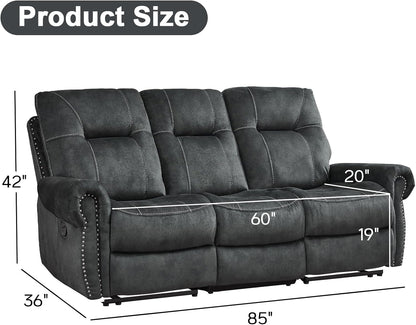 EBELLO Manual Recliner 3 Seat Sofa Couch, Soft Fabric 3 Seater Reclining Couch Chair, Vintage Rivet Mid-Century Design Furniture for Living Room, Meeting Room, Grey