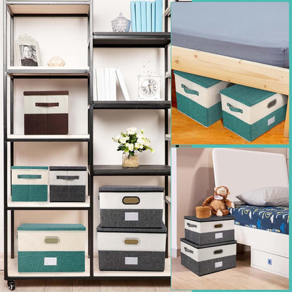 Large Linen Fabric Foldable Storage Bins with Removable Lid and Handles, Washable Storage Box Organizer Containers Baskets Cube with Cover for Bedroom,Closet,Office,Nursery(Grey&Cream, Medium)