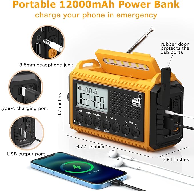Emergency Radio 12000mAh with NOAA Weather Alert - Solar/Crank/Battery Powered AM/FM/Shortwave Radio, USB-C Charger, Portable SOS Flashlight for Hurricane, Power Outage, Camping Survival Gear