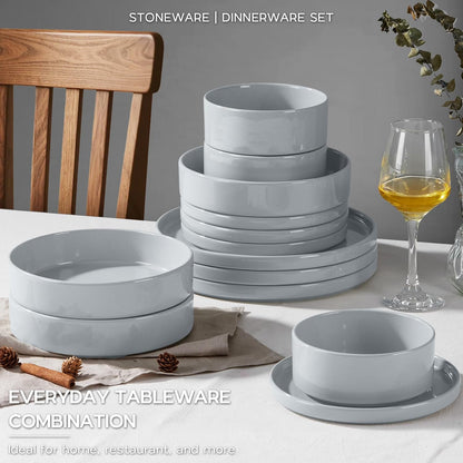 Onader Dinnerware sets, 24 Piece Plates and Bowls, Stoneware Kitchen Dinner Dish Set for 6, Ceramic Speckled Dinnerware with Pasta Bowl - Slate Gray