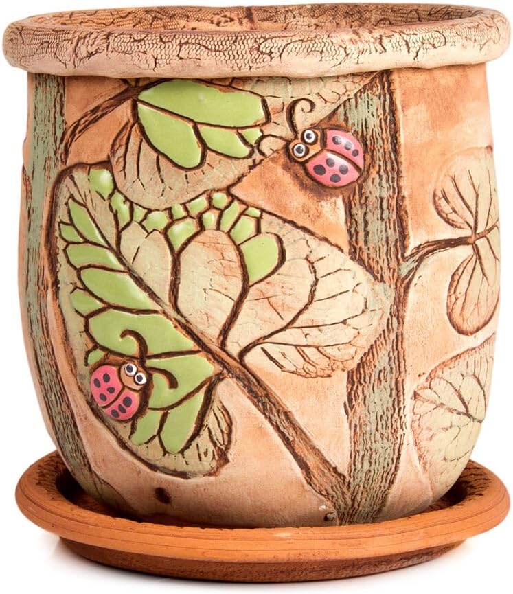 Ceramic Pot with Drainage Hole and Saucer, Plant Pots, Modern Decorative Planters for House Plants Indoor Flowers Plants, Cute Flower Pot - Gifts (Ladybugs (3 L))