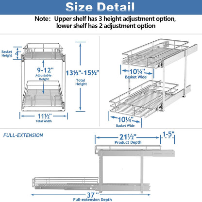 LOVMOR 2 Tier Individual Pull Out Cabinet Organizer 11½" W x 21½" D, Slide Out Kitchen Cabinet Storage Sliding Shelves