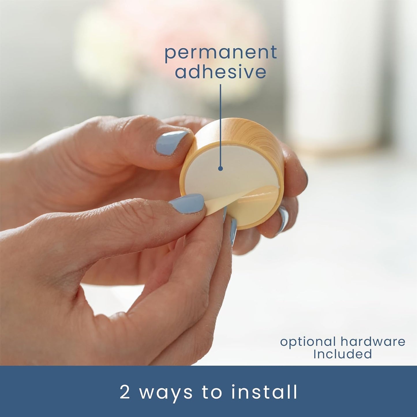 S&T INC. Round Adhesive Push Towel Hooks for Kitchen, Hand and Dish Towels, Plastic, Bamboo, 4 Pack