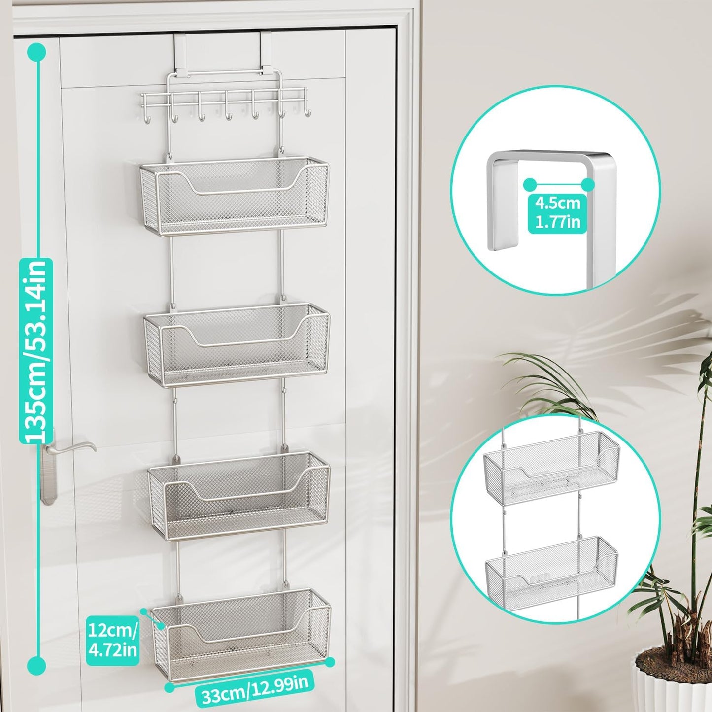 HapiRm Over The Door Organizer - Hanging Door Organizer with 4 Metal Large Capacity Baskets and Adjustable Coat Hook for Bathroom Bedroom Kitchen Pantry Closet Cabinet