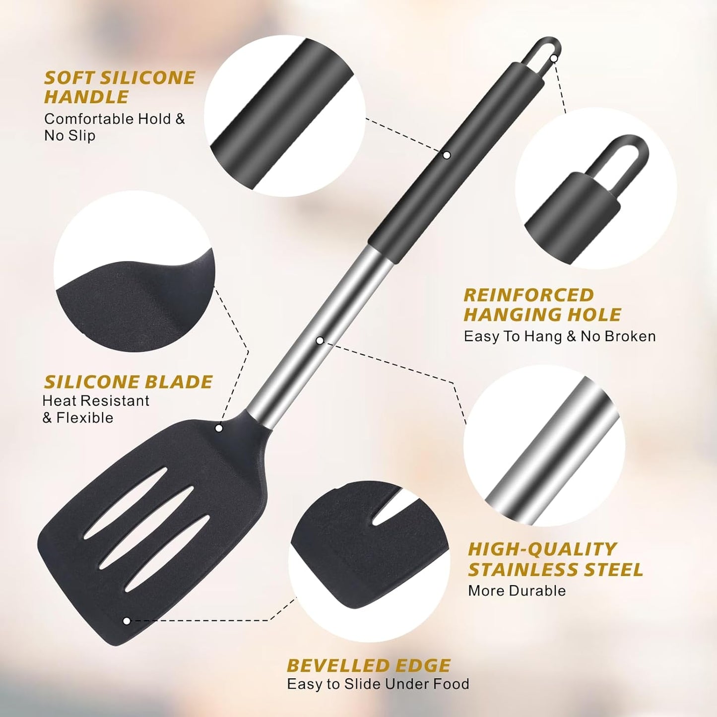 Silicone Kitchen Cooking Utensils Set 5-Piece BPA-Free Heat-Resistant Non-Stick & Dishwasher-Safe, with Slotted/Solid Spoons & Spatulas for Frying,Draining – Includes Multi-Purpose Serving Hook(Black)
