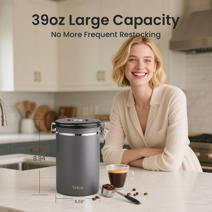 Veken Coffee Canister, 39OZ Large, Airtight Stainless Steel Food Storage Container for 2.2lbs Coffee Beans, Ground, Sugar, Tea, Flour, Rice, Cereal, Cookies Jars, Bar Accessories & Gifts, Gray